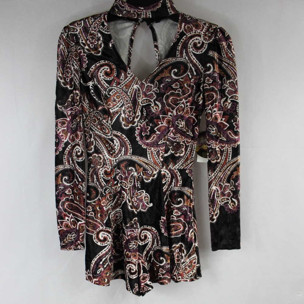 Be Bop Printed Cotton Velvet Choker Romper - Picture 4 of 5
